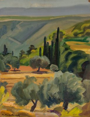 Panorama from Kiato – Landscape — Oil painting, Fiberboard, 27.00×35.00cm — Theodoros Markellos